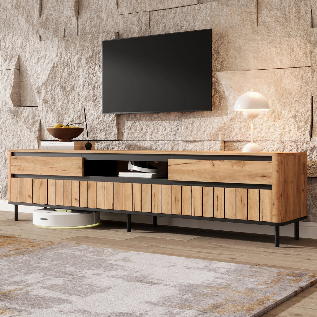 Cassettiera TV nero e naturale in MDF lunghezza 180 cm
