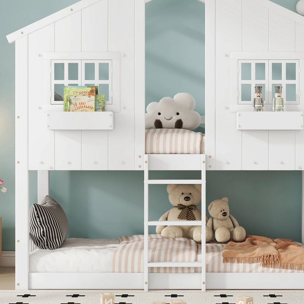 Letto a castello per bambini con scivolo, finestre e scala a 3 gradini