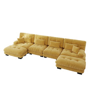 Divano angolare modulare con ottomana mobile; cuscini morbidi; ciniglia gialla