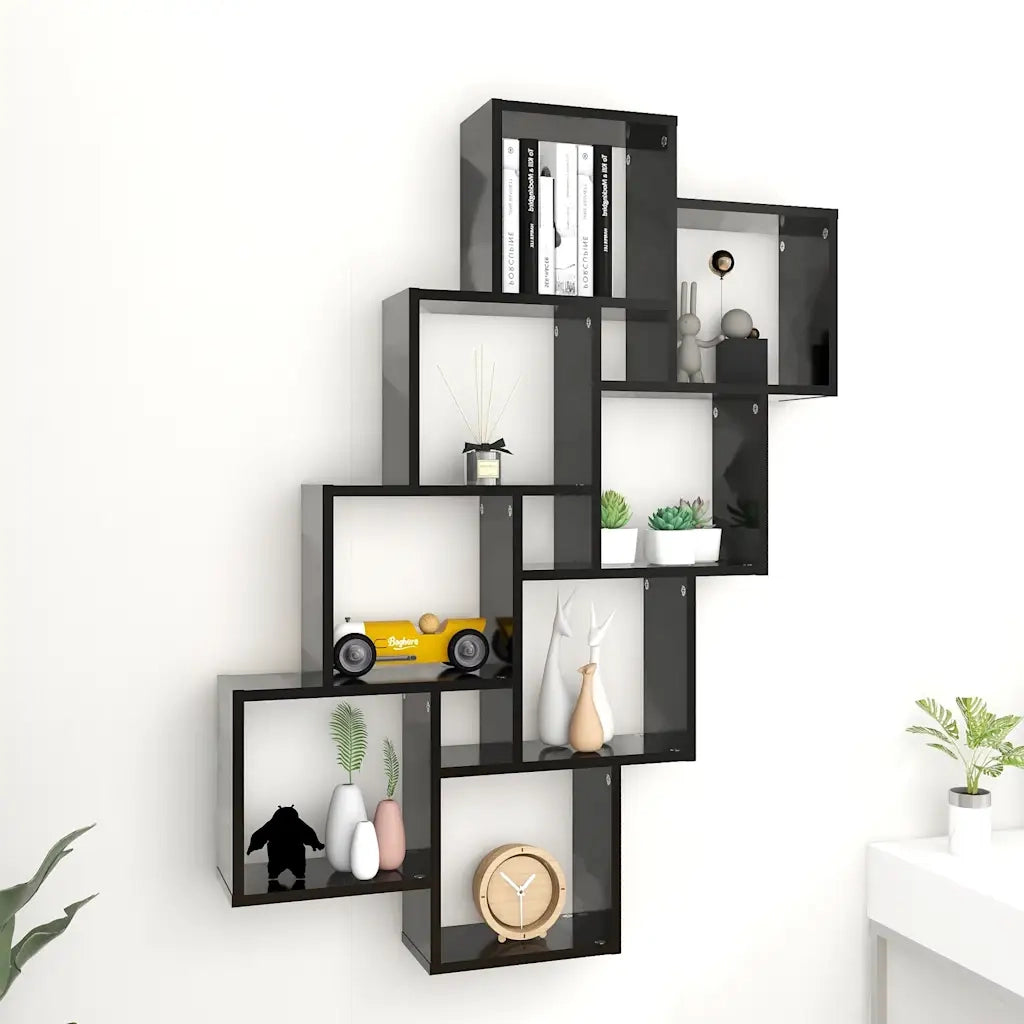 Mensola Parete | Mensola sospesa a Cubo Nera 90x15x119 cm in Legno Multistrato
