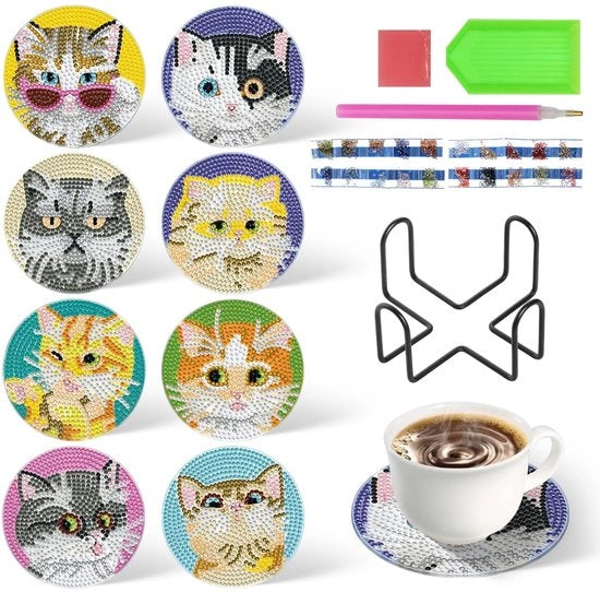 Pacco di 8 sottopiani per pietre da disegno per gatti con base antiscivolo, diamanti colorati, DIY con supporto, adatto per tazze da caffè, sottopiani in vetro, compagno ideale per tazze