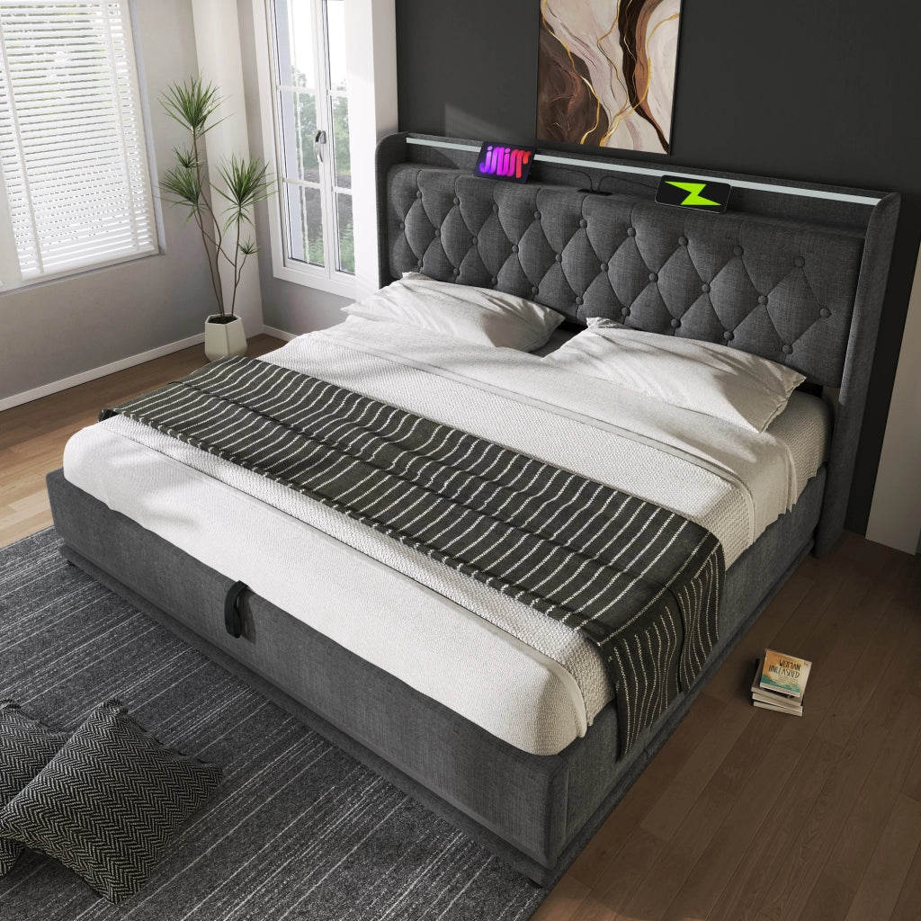 LETTO Contenitore 180x200 cm in lino grigio con LED, USB e Tipo C