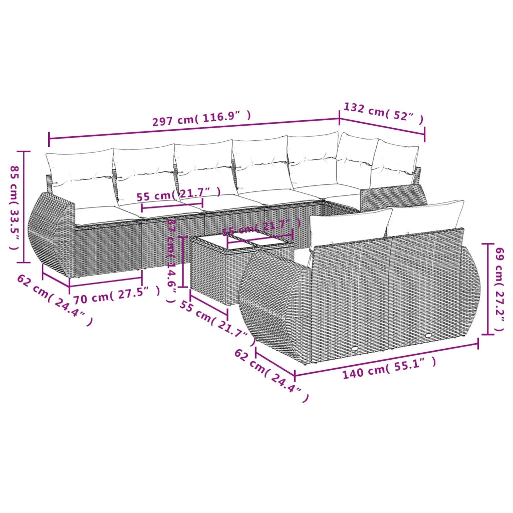 Set Divano da Giardino 9 pz con Cuscini Beige in Polyrattan 3221628