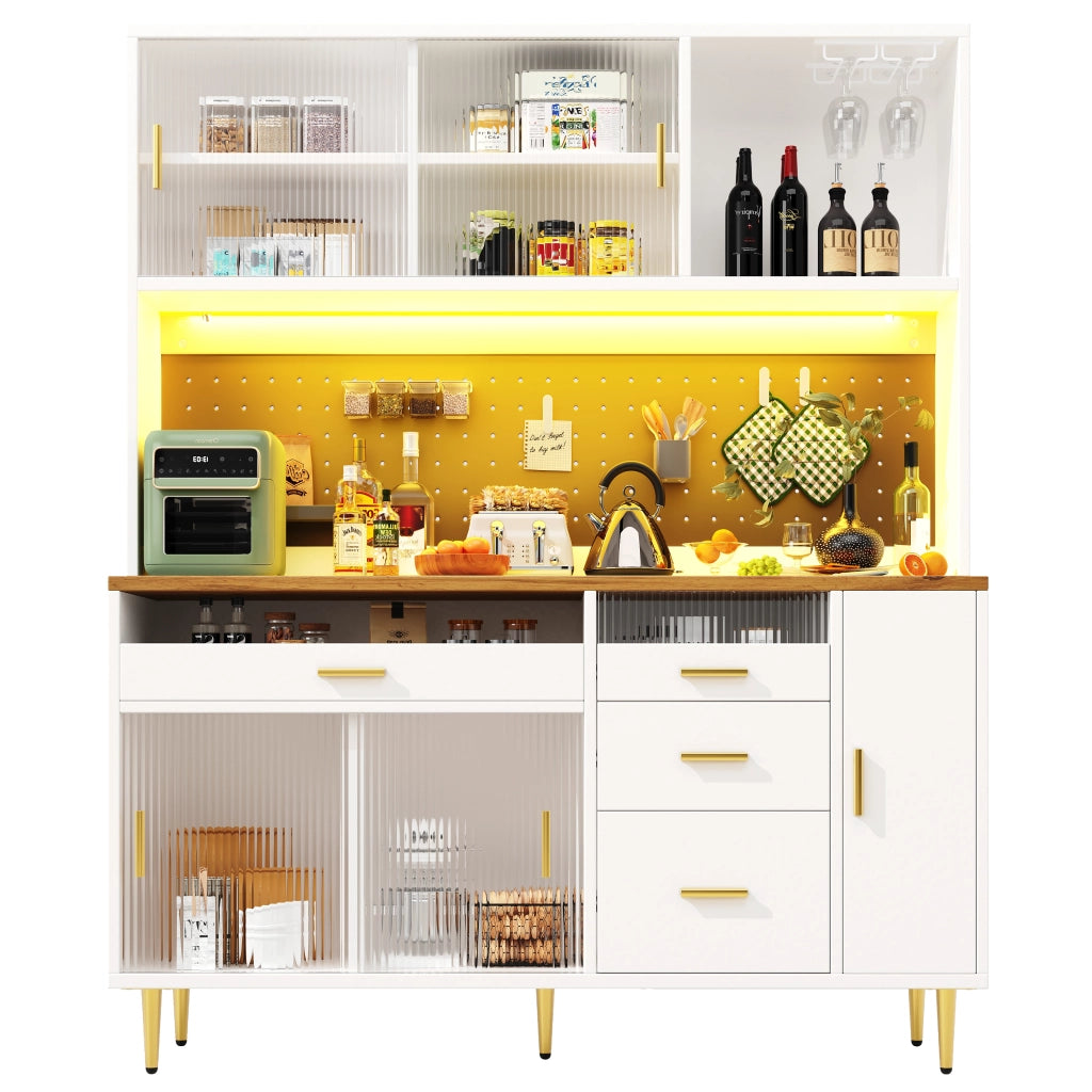 OKWISH Credenza Alta da Cucina con Porta Scorrevole in Vetro, Ripiani Regolabili e LED, MDF, Bianco, 145×39×171 cm
