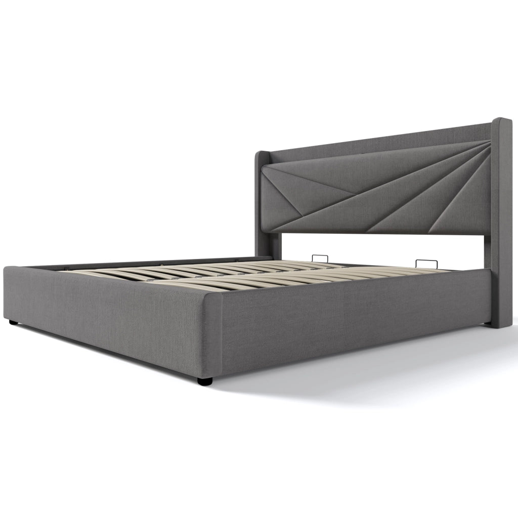 Letto Contenitore Imbottito Matrimoniale con USB ¨C MINIMAL ¨C Tessuto Lino 160x200 con Doghe