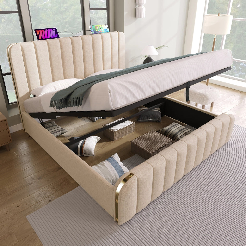 LETTO Contenitore 180x200 cm Beige in lino con USB Type-C