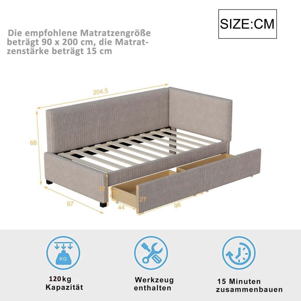 LETTO Divano letto 90x200 cm Grigio con 2 cassetti e rete a doghe