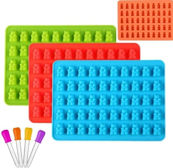 Forme per caramelle 4 pezzi - Bocchini in silicone - Rivestimento antiscivolo - Incluso siringhe - Per caramelle in gomma/chocolate - Flessibile e facile da pulire - Strumento per caramelle