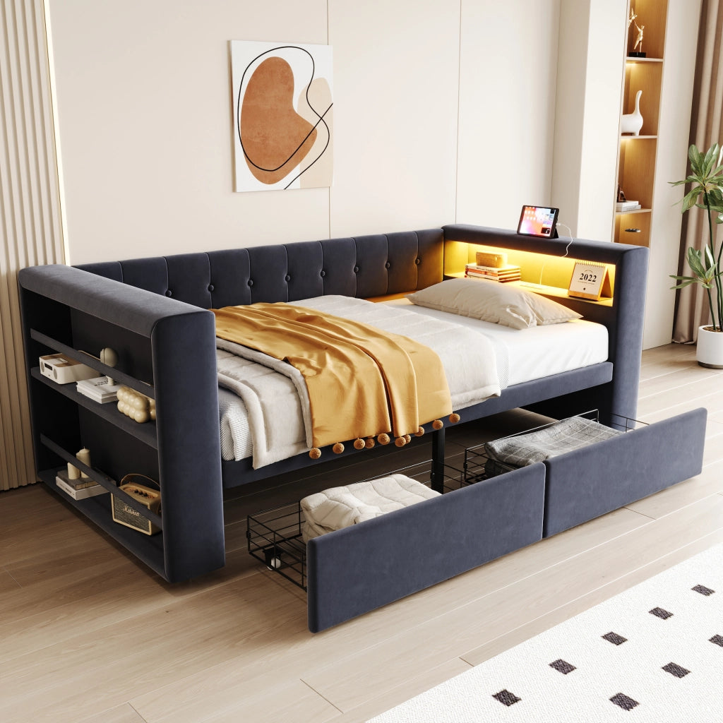 LETTO 90x190 cm con LED, prese e 2 cassetti, grigio scuro, flanella