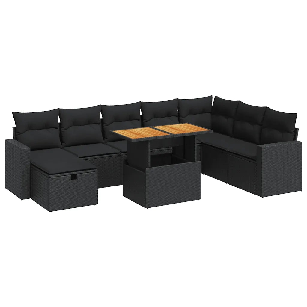 Set Divani da Giardino 9 pz con Cuscini Nero Polyrattan Acacia 3328014