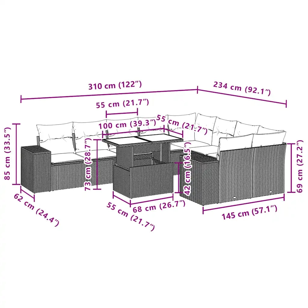 Set Divani da Giardino 10pz con Cuscini in Polyrattan Marrone 3269393