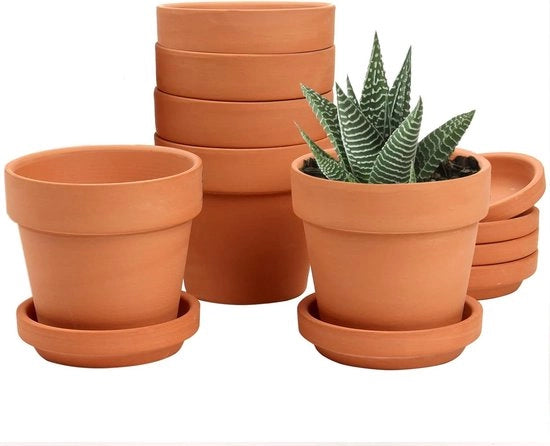 Set di 6 mini vasi terracotta 8 x 8 cm con sottopiano e foro di drenaggio - vasi per piante da appartamento - vaso terracotta inclusa piastra di servizio - ideale regalo di nozze