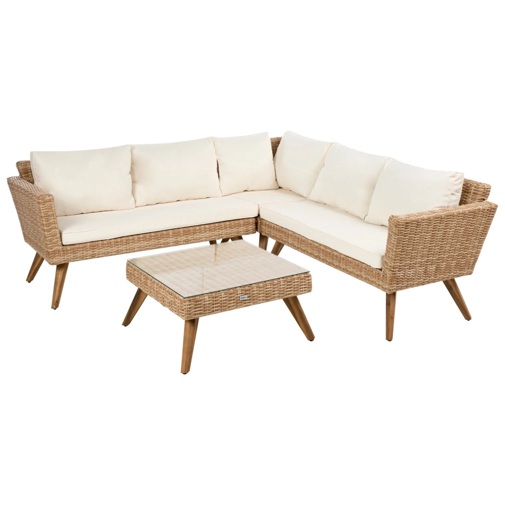 Set da Giardino in Rattan PE con Divano ad Angolo 6 Posti Tavolino e Cuscini Bianco Sporco Stile Country