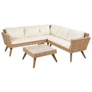 Set da Giardino in Rattan PE con Divano ad Angolo 6 Posti Tavolino e Cuscini Bianco Sporco Stile Country