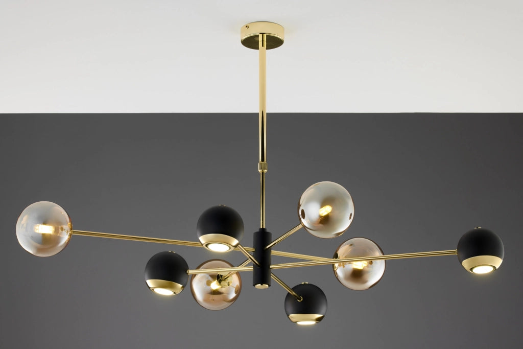 Sospensione MOKA oro/nero globi ambra 8 luci Jupiter