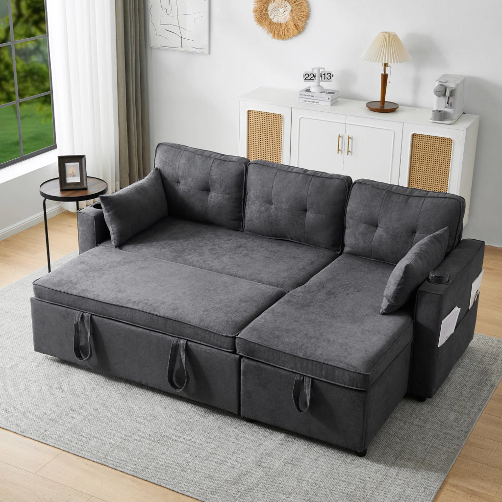 Divano letto L - Zephmum - Design moderno, bracciolo con portabicchieri, stoccaggio