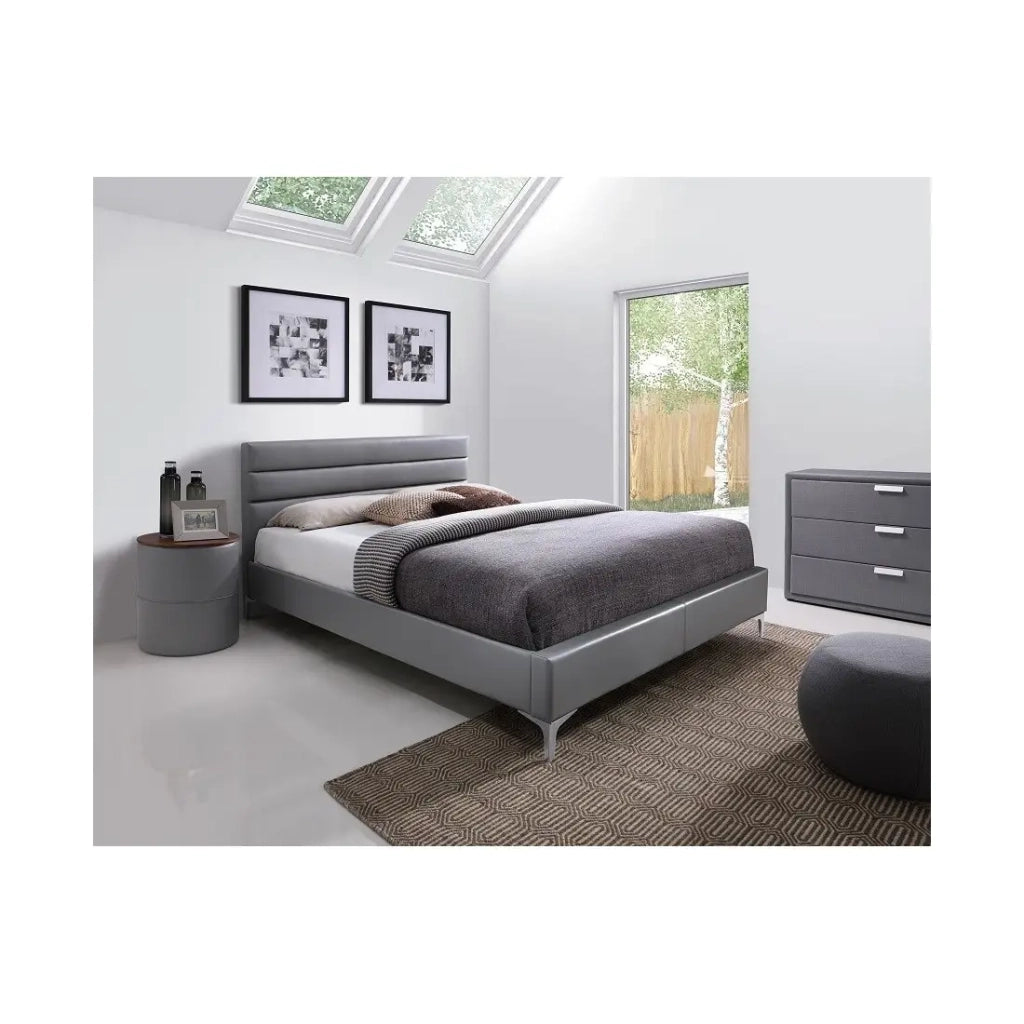 Set letto THOMAS 160x200 con doghe + 2 comodini rotondi - Grigio e legno