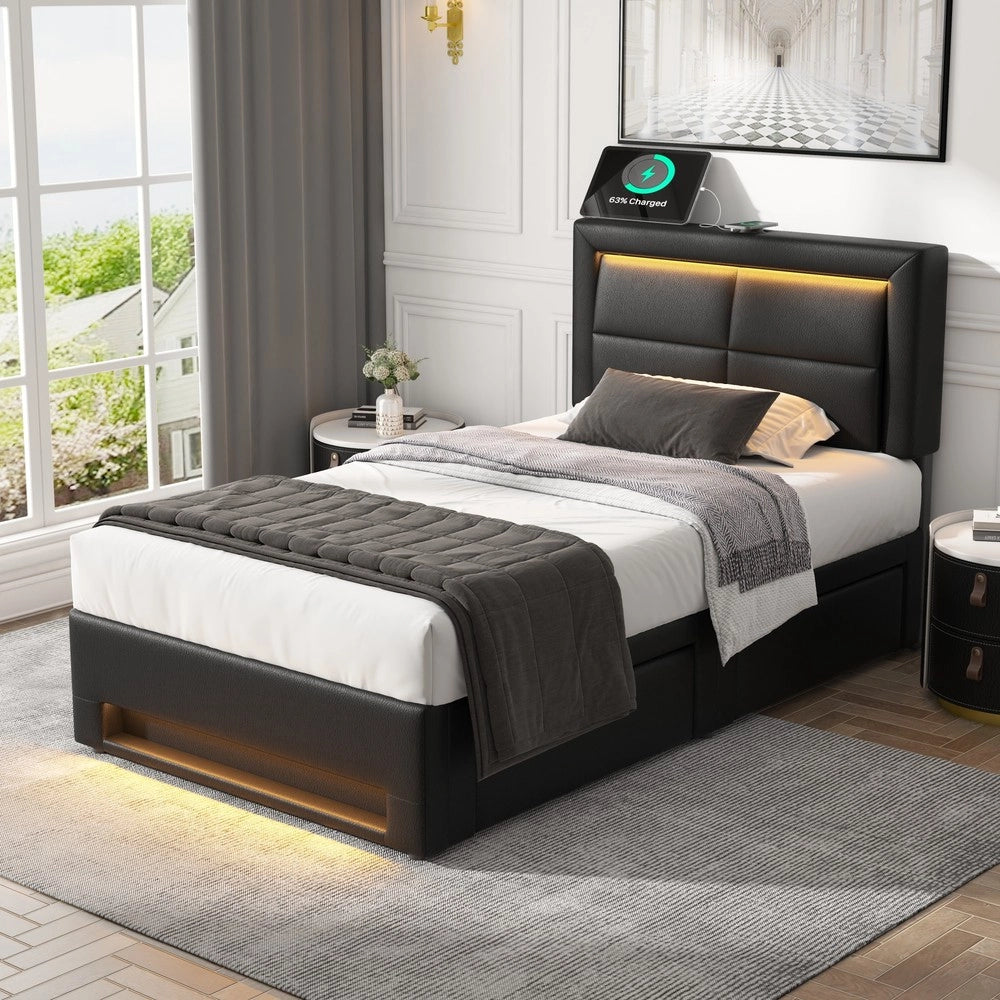Letto Imbottito con LED e Cassetti ¨C MINIMAL ¨C Similpelle Nero 90x200