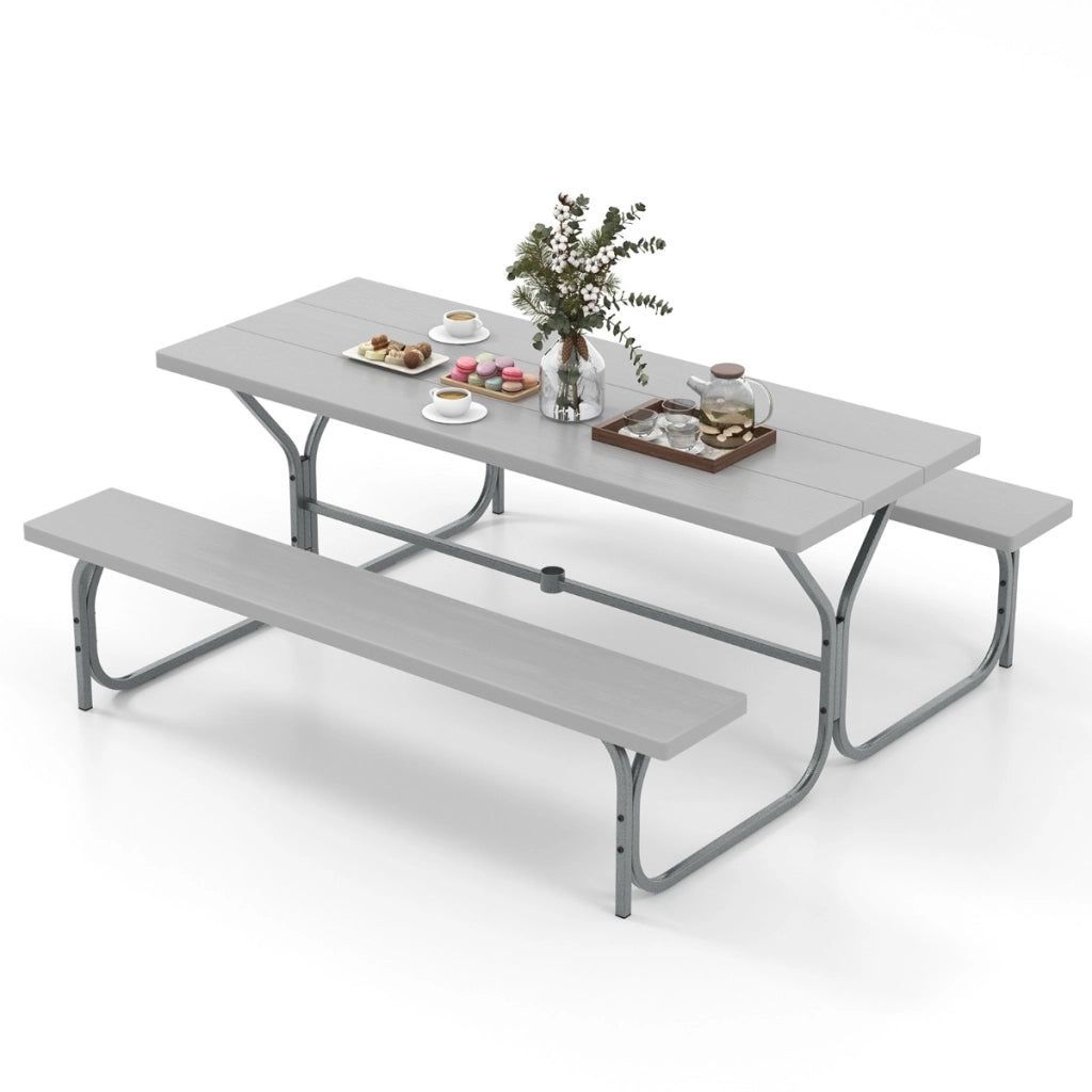 Tavolo da picnic con 2 panche da 183cm, Tavolo da pranzo con telaio in metallo piano in HDPE foro per ombrellone Grigio-Tavoli e sedie da campeggio