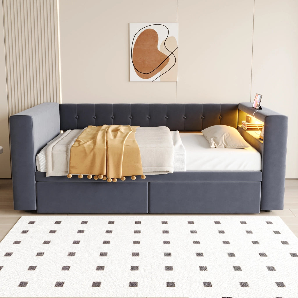 LETTO 90x190 cm con LED, prese e 2 cassetti, grigio scuro, flanella