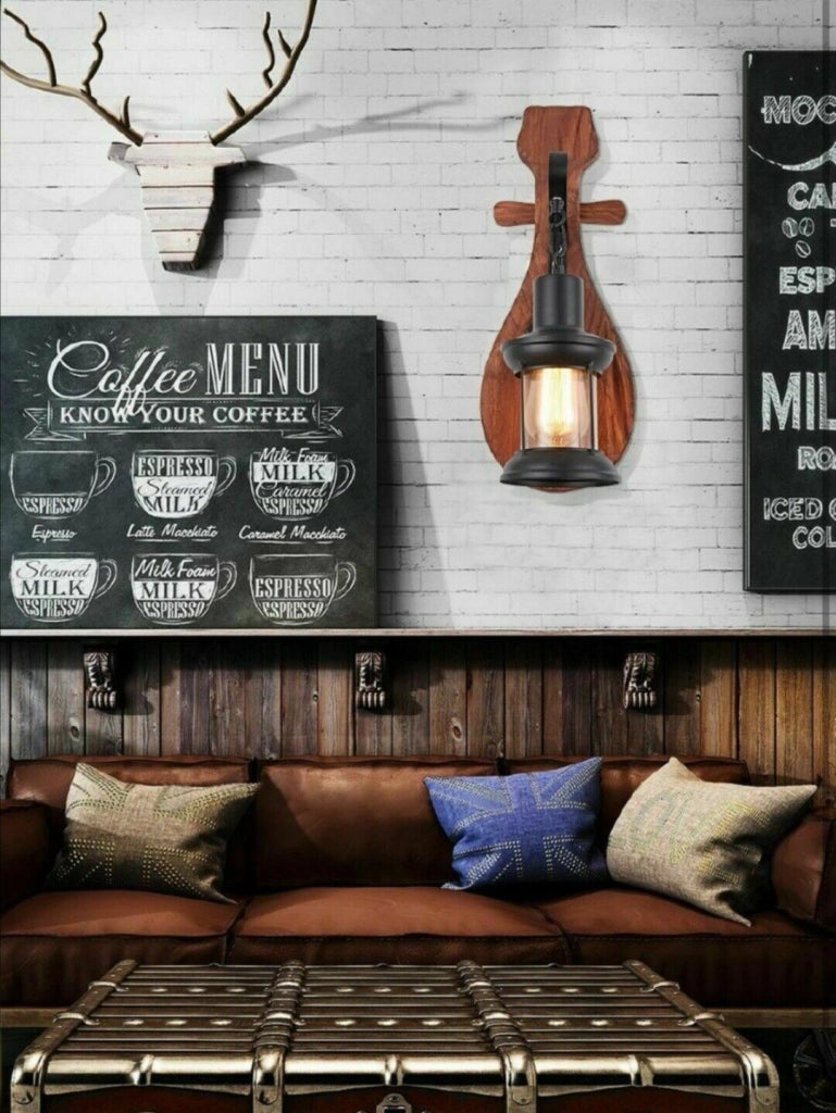 APPLIQUE LAMPADA DA PARETE A MURO PER INTERNO E27 LANTERNA RETRO VINTAGE LEGNO