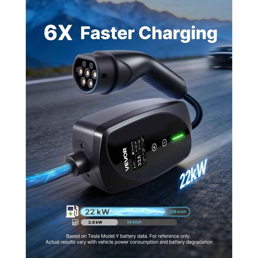 Caricabatterie Portatile per Auto Elettriche Tipo 2 22 kW 32A Trifase con Cavo 7 m Spina CEE32 Schermo LCD