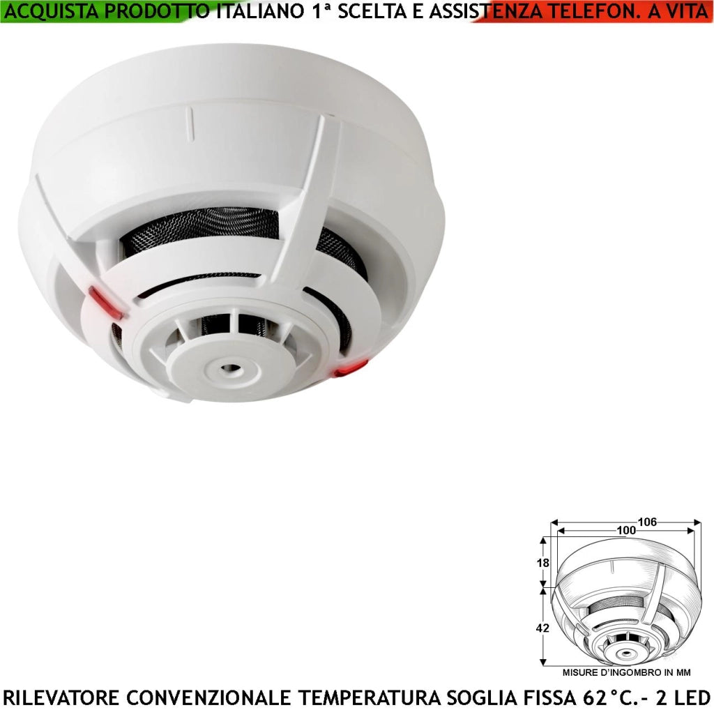 Sensore Termovelocimetrico Soglia Fissa 62° C Impianto Antincendio Convenzionale Sensore Temperatura Loop Uscita di Stato 14 mA Per Protezione Centrale Termica Forno di Qualsisi Genere Sala Motori