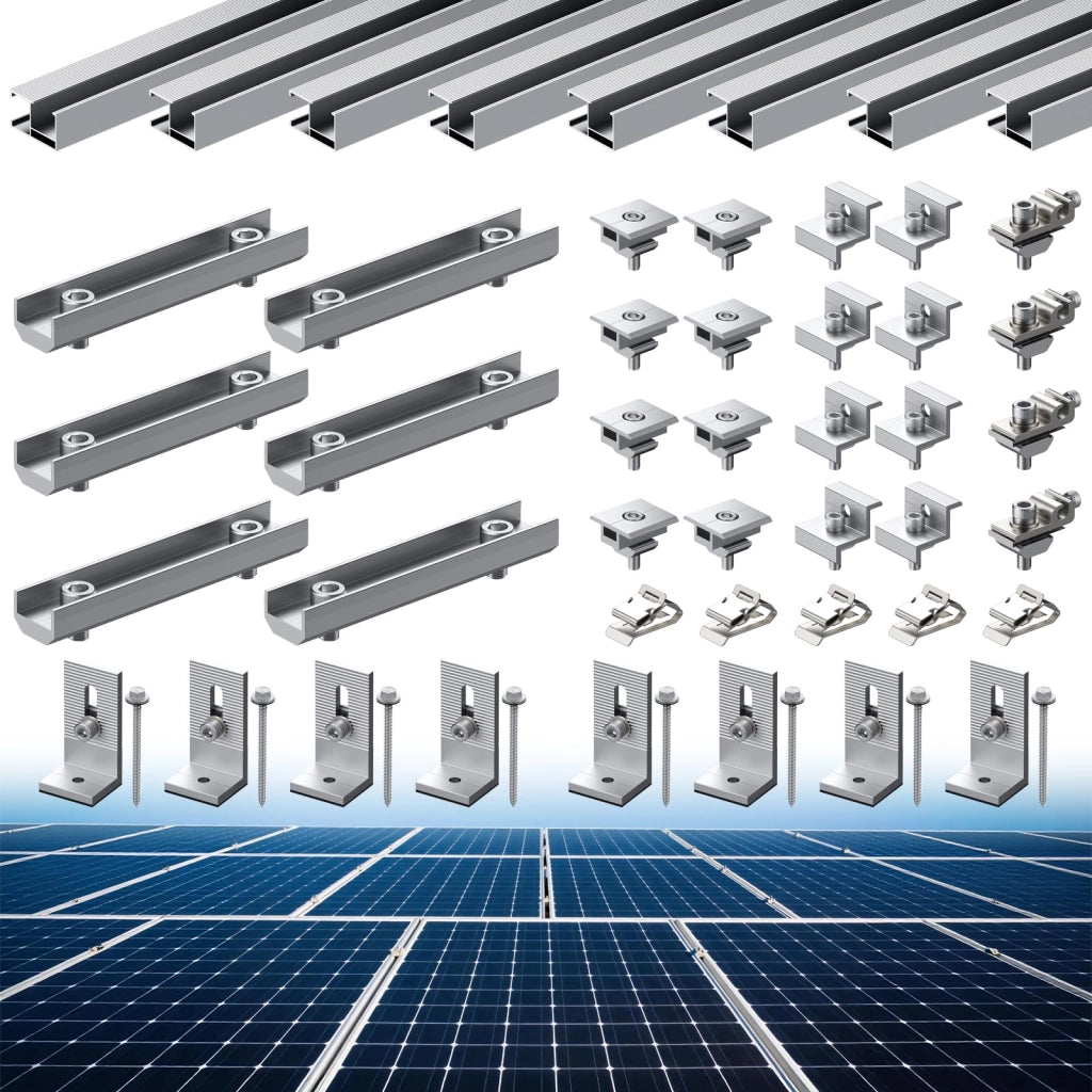 Kit di supporto per impianti fotovoltaici da balcone, per 4-5 moduli, composto da: 8 binari da 1,2 metri, 6 staffe da 120 mm e 8 connettori
