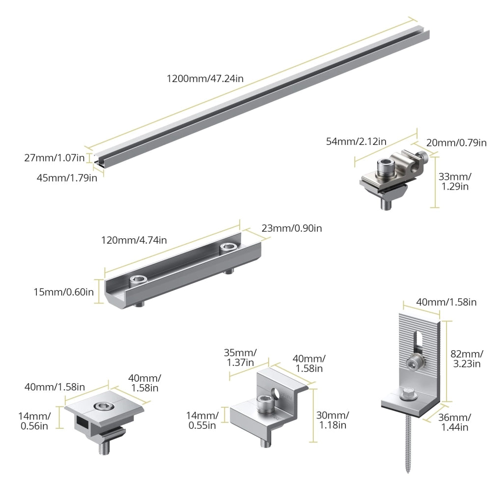 Kit di supporto per impianti fotovoltaici da balcone, per 4-5 moduli, composto da: 8 binari da 1,2 metri, 6 staffe da 120 mm e 8 connettori