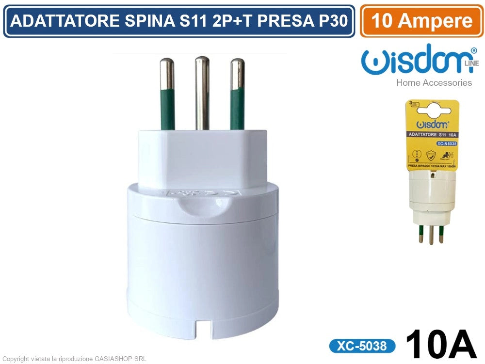 ADATTATORE SINGOLO SPINA S11 10A 2P+T CON PRESA SCHUKO + 10A 2P+T COLORE BIANCO