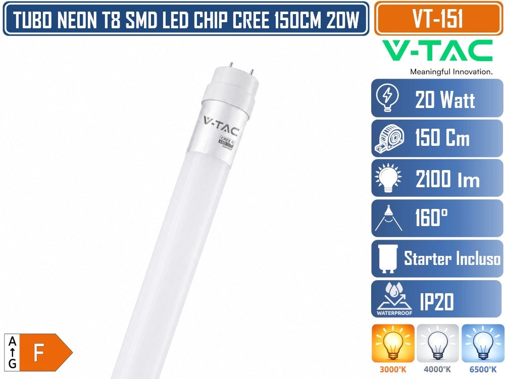 V-TAC VT-151 TUBO LED T8 G13 20W SMD CHIP CREE NANO PLASTIC LAMPADINA 150CM CON STARTER - Colore Luce:Bianco Caldo