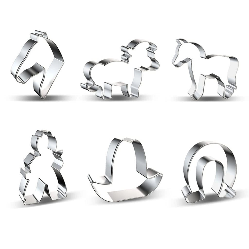Set da 6 formine per biscotti a forma di animali, motivo cavallo e cowboy, in acciaio inossidabile