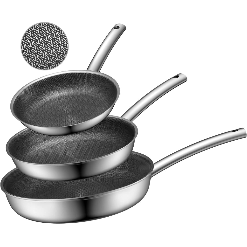 Set di 3 padelle in acciaio inossidabile, con struttura a nido d'ape, diametro 20/24/28 cm