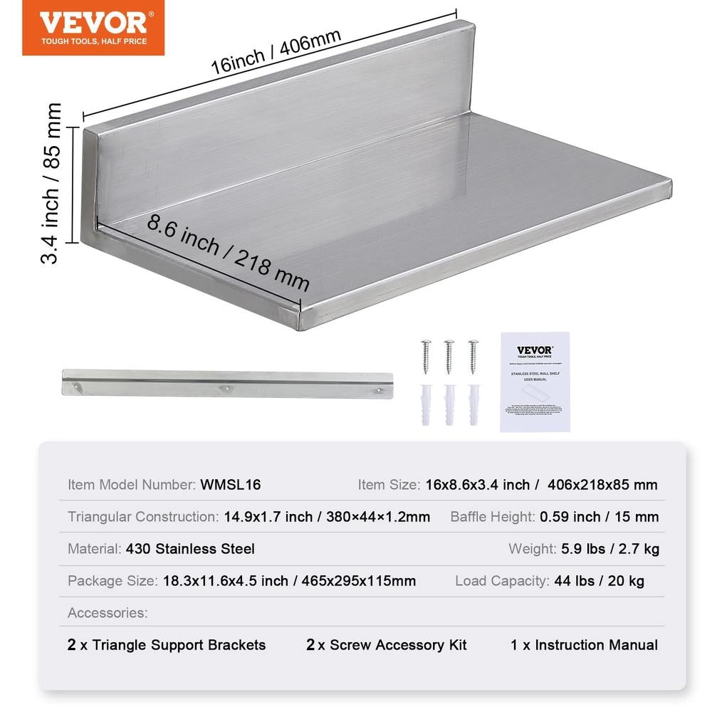 Mensola da parete a forma di L in acciaio inox 406 x 218 x 85mm portaoggetti e portaspezie per cucina e soggiorno, robusta e facile da montare