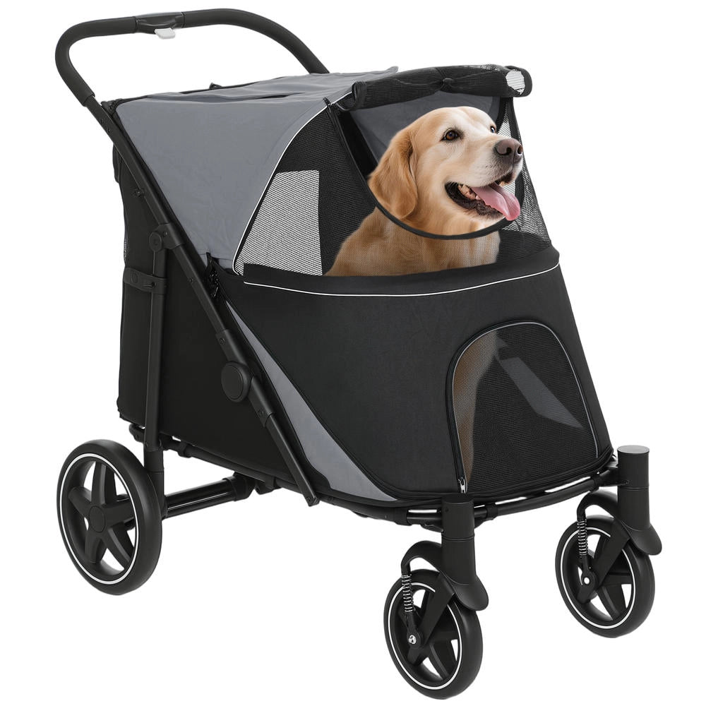 Passeggino per Cani Pieghevole in Tessuto Oxford 600D e Acciaio con Finestre a Rete, Robusto e Pratico, 112x65x100 cm, Grigio Scuro e Nero