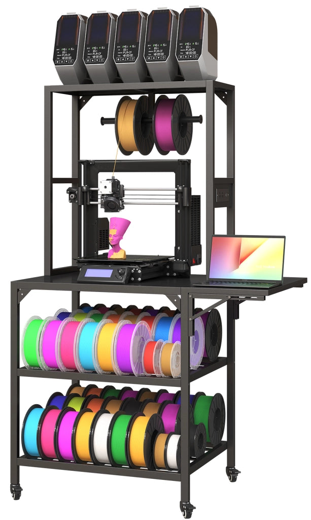 Supporto per stampante 3D IVMEU con 2 ripiani per filamenti, porta bobine a T e ruote con freno, metallo nero