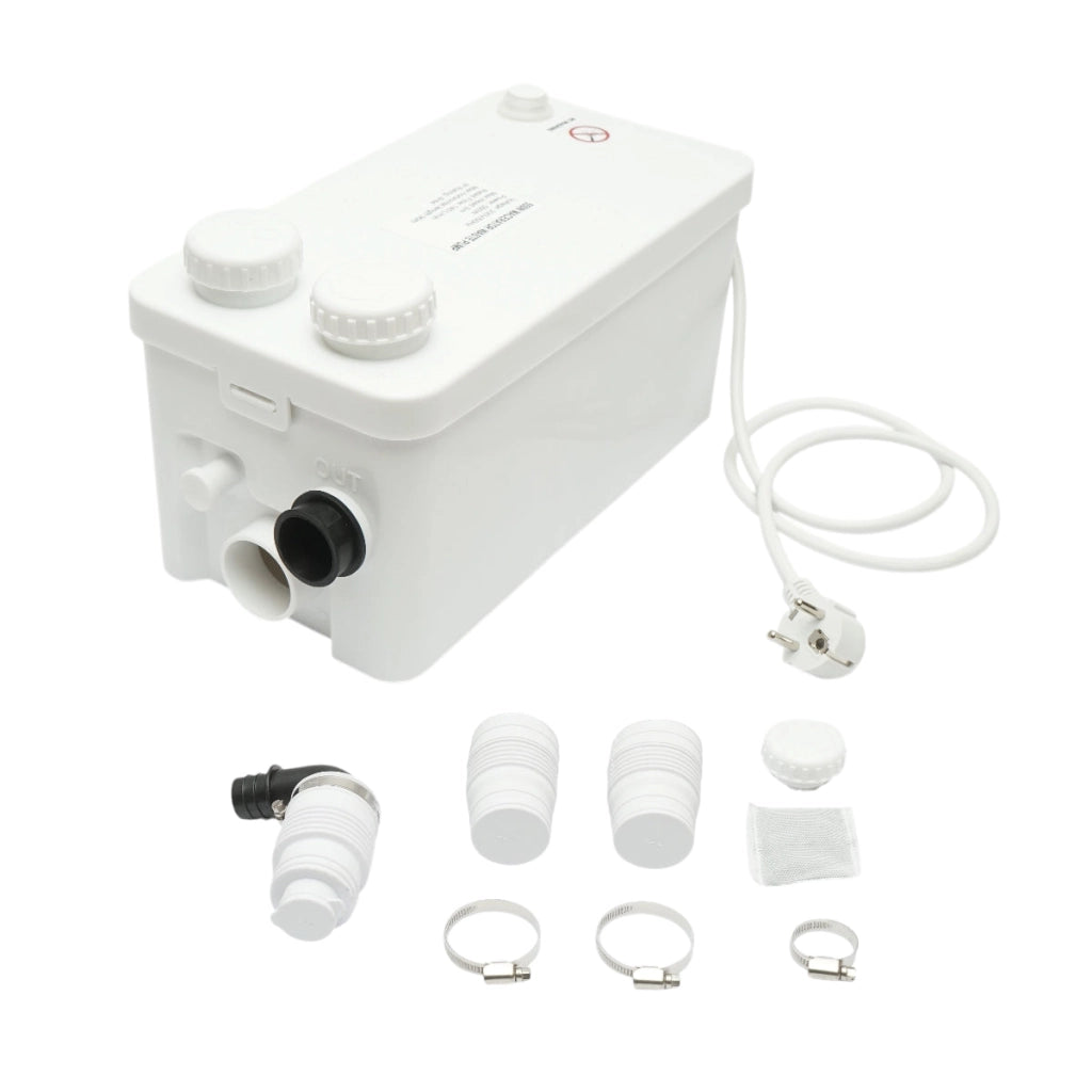 Pompa trituratrice per acque reflue da 550 W, 220 V; portata 8.400 l/h; prevalenza 9 m; portata orizzontale 90 m; grado di protezione IP44.
