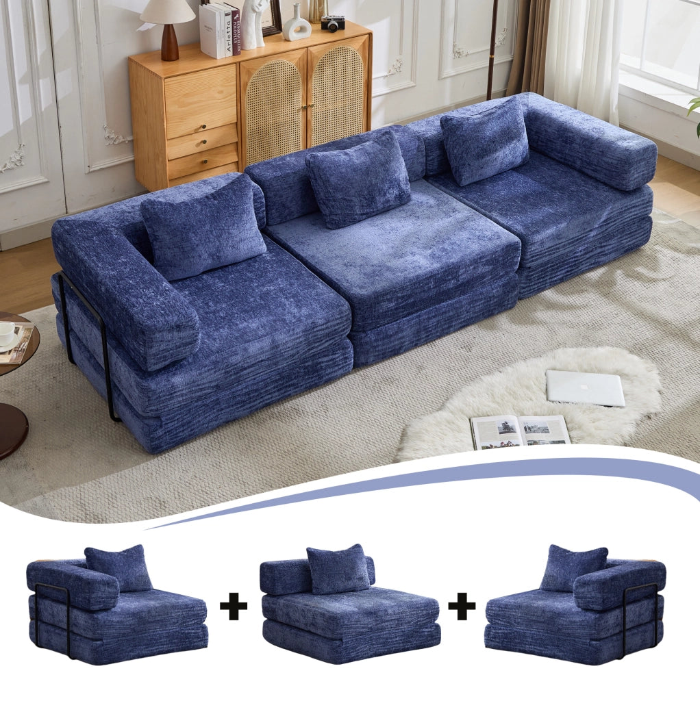 Divano letto pieghevole modulare in ciniglia blu scuro