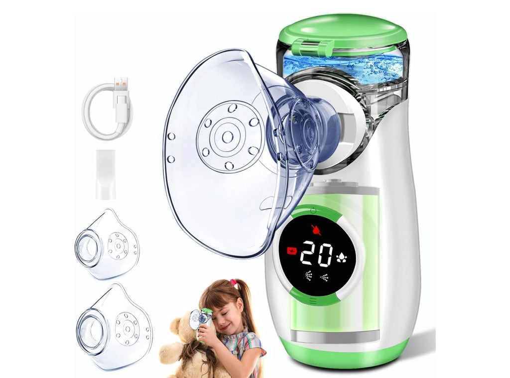 Aerosol Portatile Silenzioso con Display Digitale Inalatore Mesh per Adulti e Bambini con Maschere e Boccaglio per Vie Respiratorie Superiori e Inferiori