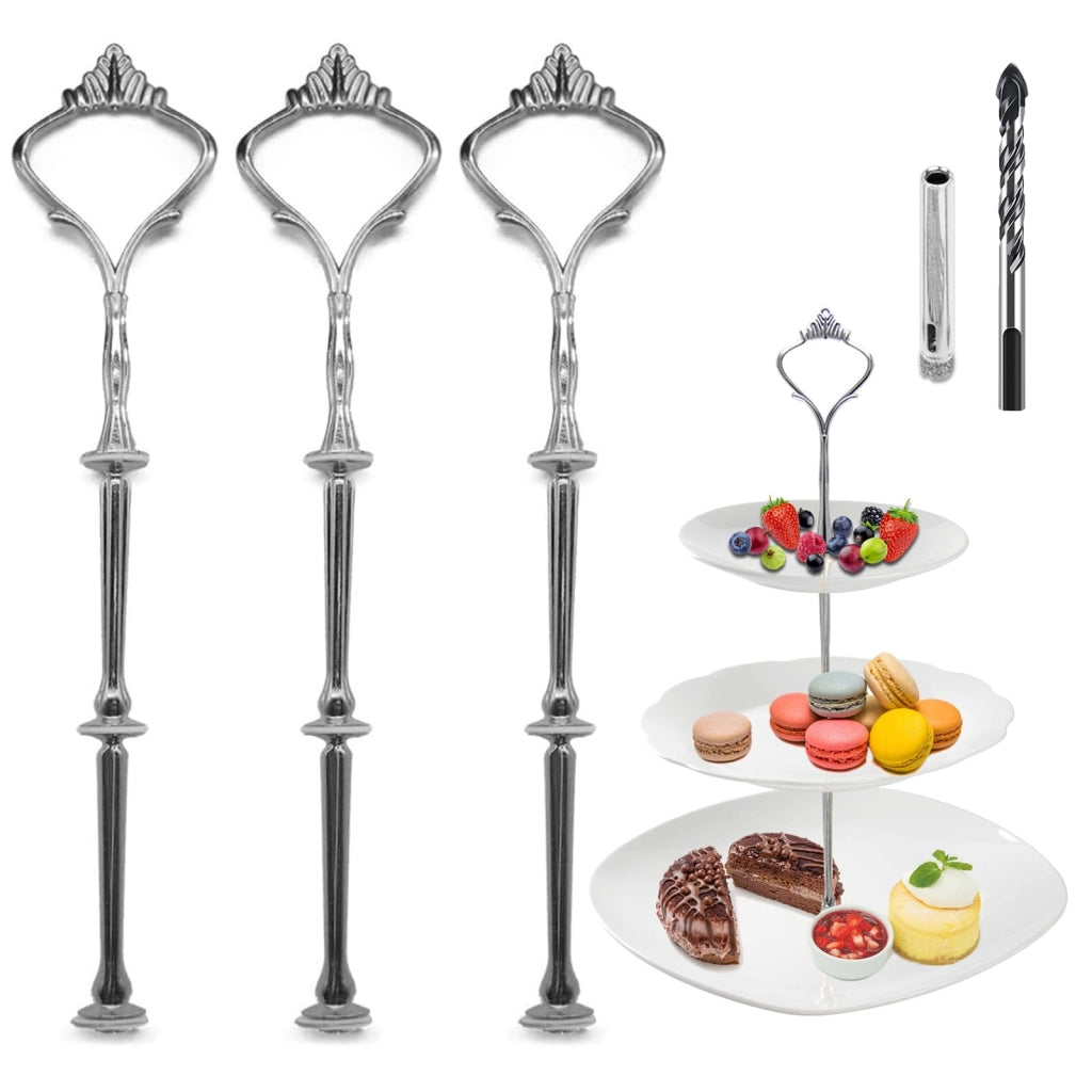 Set di supporti per torte, 3 pezzi, a 2 o 3 livelli, in metallo, color argento