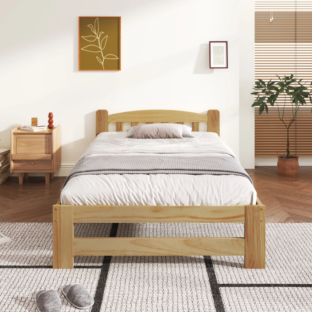 Letto singolo futon 90 × 200 cm con testiera e rete a doghe in legno color naturale con piede centrale