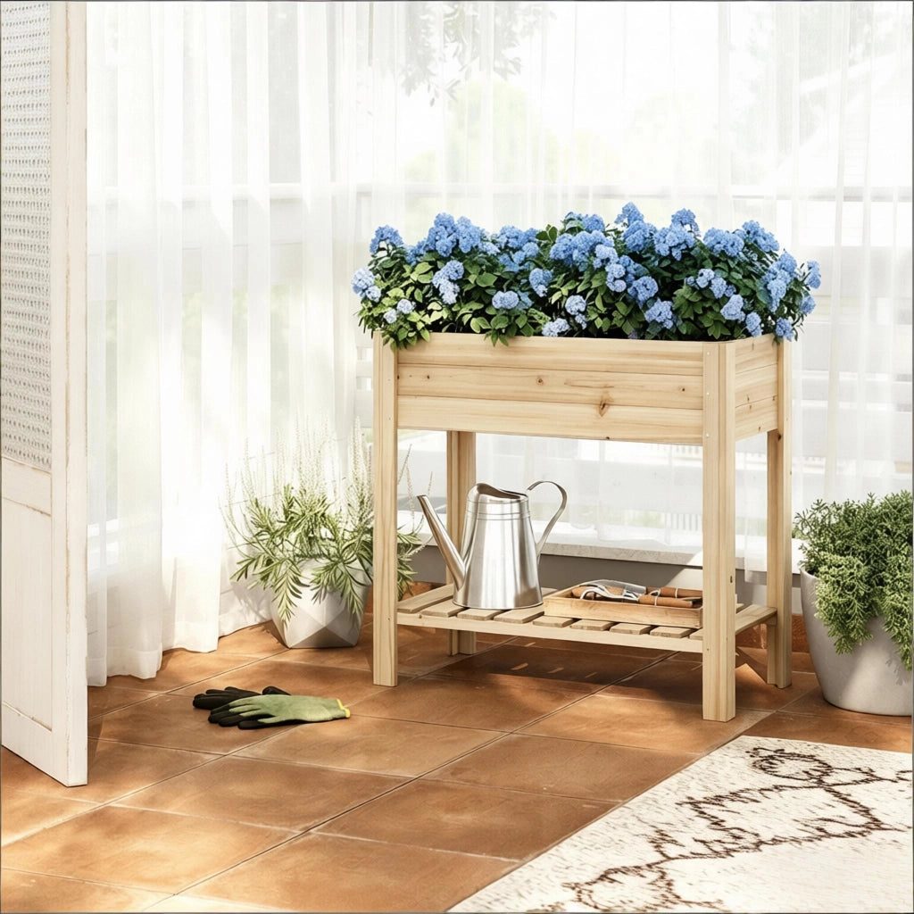 Orto rialzato con gambe e ripiano, in legno, colore legno, per esterno, 80 × 75 × 40 cm