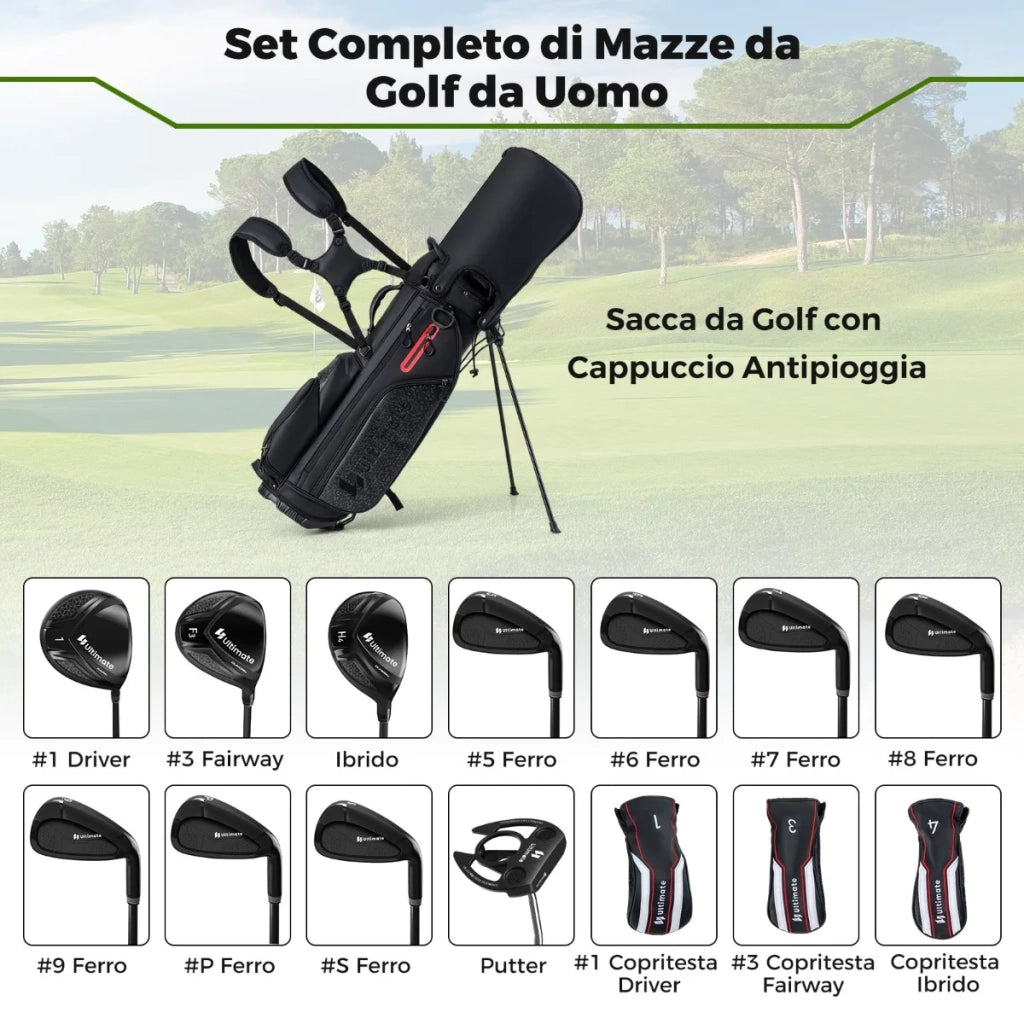 Set completo di mazze da golf per uomo destro con driver titanio, ferri acciaio, putter e borsa con supporto e cover antipioggia