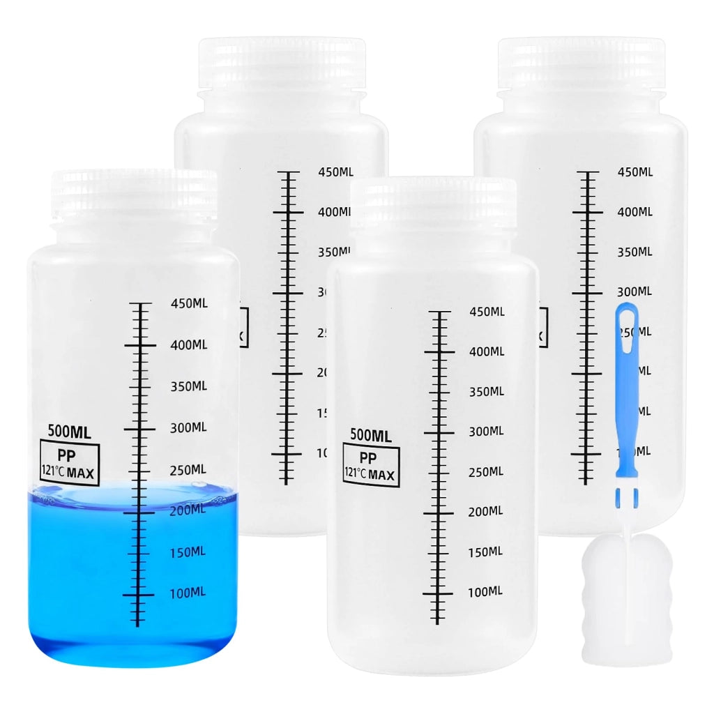 Set di 4 flaconi in PP da 500 ml, con collo largo, adatti per uso in laboratorio, trasparenti