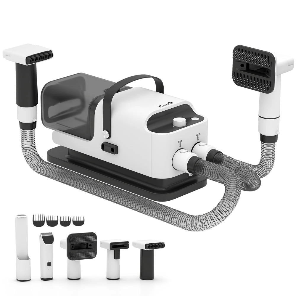 Kit toelettatura per cani 5 in 1, aspiratore e asciugatore peli animali 12kPa 50dB, serbatoio 1,8L, silenzioso bianco