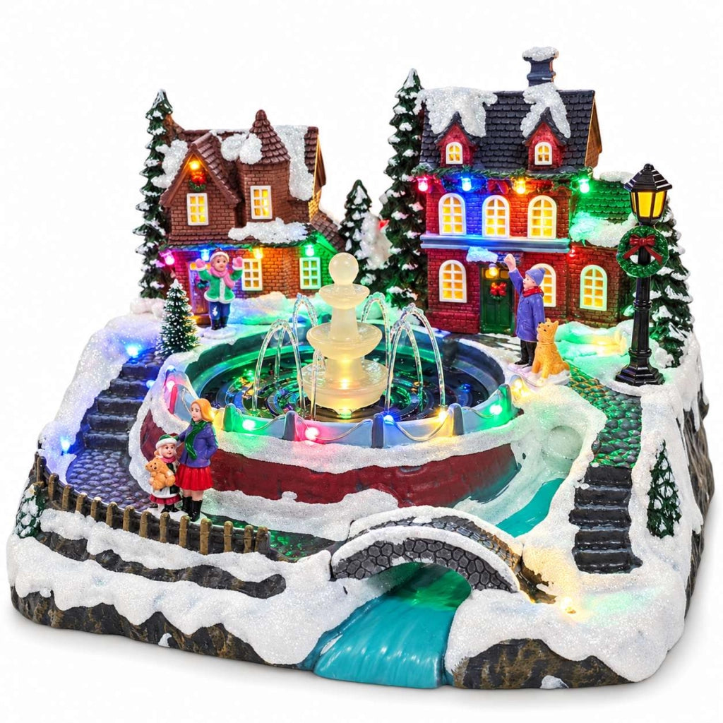 Villaggio Natalizio con Fontana Acqua Luci Musica Movimento 26cm LED Multicolor