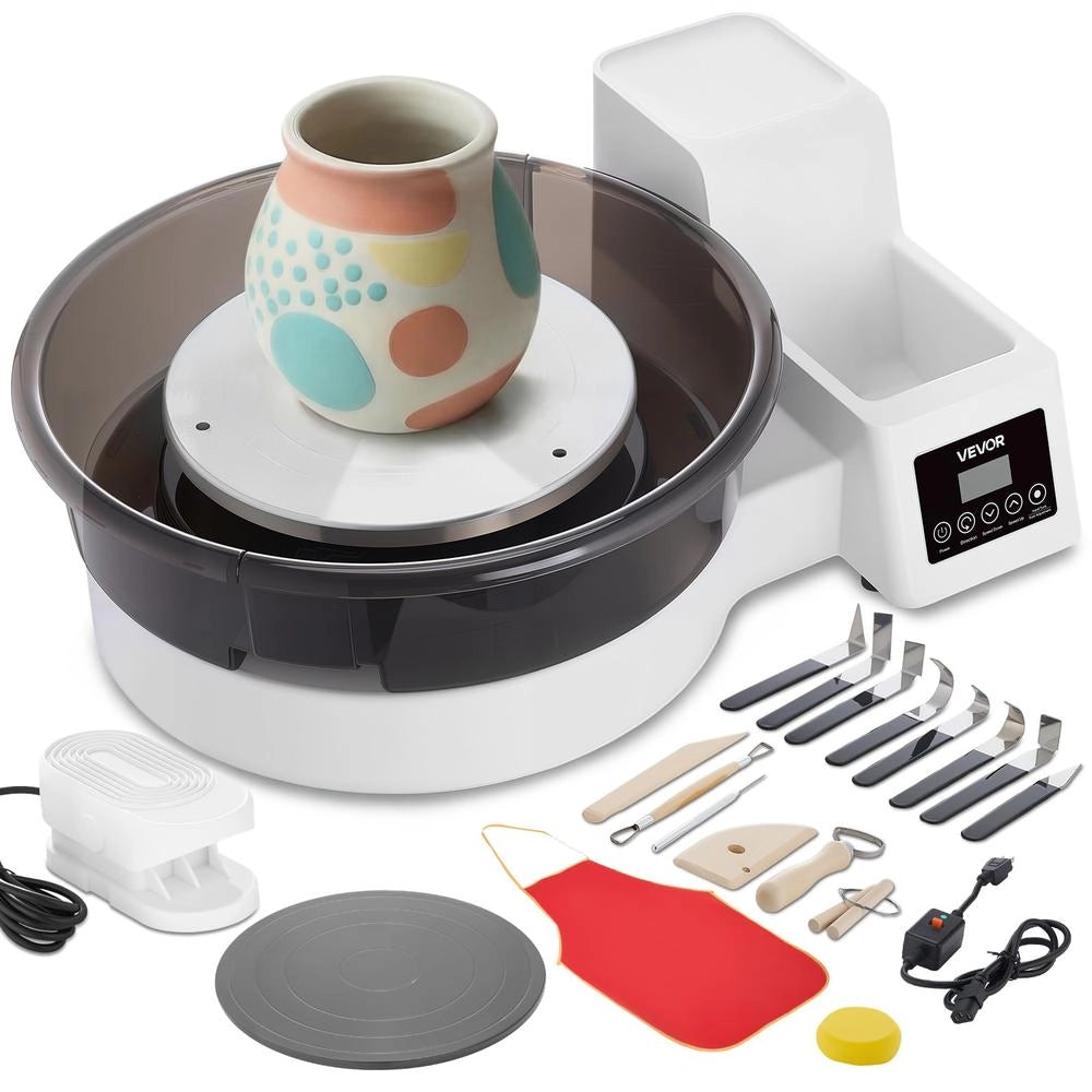Tornio da Ceramica Elettrico 450W Bianco con Pedale e Piatti da 28 e 36 cm, Velocità Regolabile 30-300 Giri/min per Fai da Te Argilla Creta