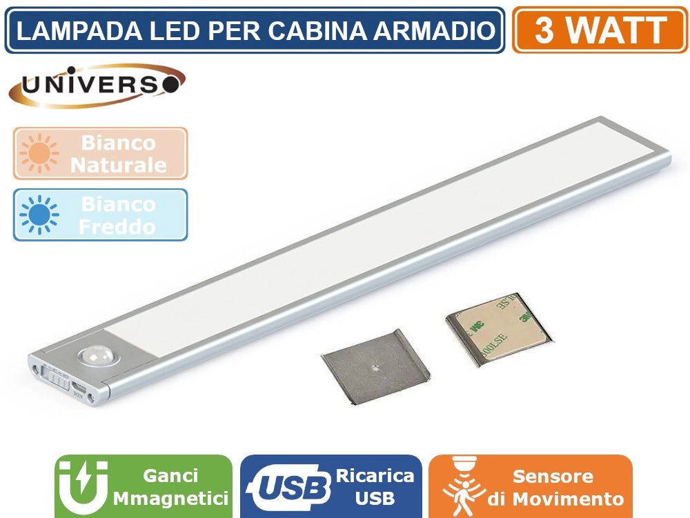 LAMPADA LED CALAMITATA DA PARETE PER CABINE ARMADIO ALIMENTATA A BATTERIE RICARICABILI CON SENSORE DI MOVIMENTO 3W 238 LUMEN - Colore Luce:Bianco Freddo