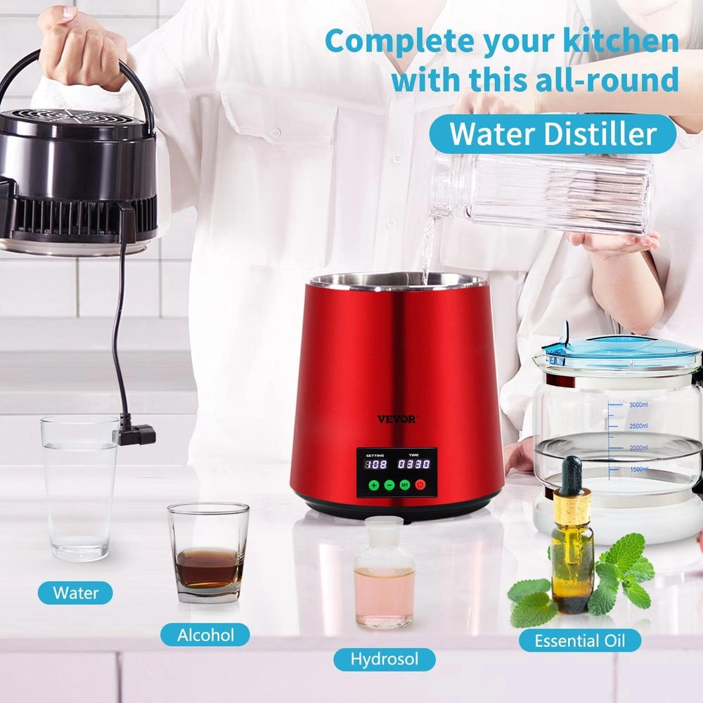 Distillatore d'Acqua 4L 750W Modello YMK40208 in Acciaio Inox 304 e Vetro Rosso, Purificatore 1 L/H Touch Screen per Casa e Laboratorio