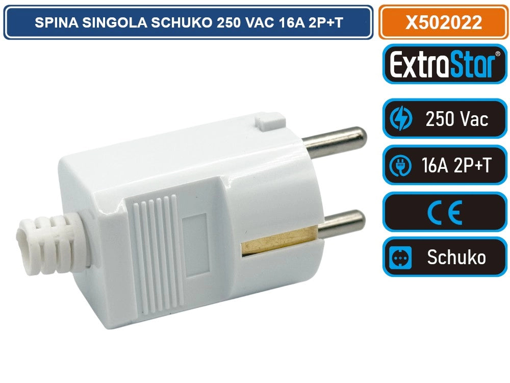 EXTRASTAR X502022 SPINA SINGOLA SCHUKO 16A 2P+T  250 VAC CON USCITA CAVO DRITTA COLORE BIANCO